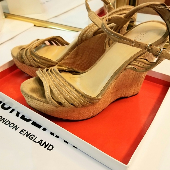 Vintage J. Crew Nude Tan suede strappy Platform wedge heel sandal - Picture 1 of 11